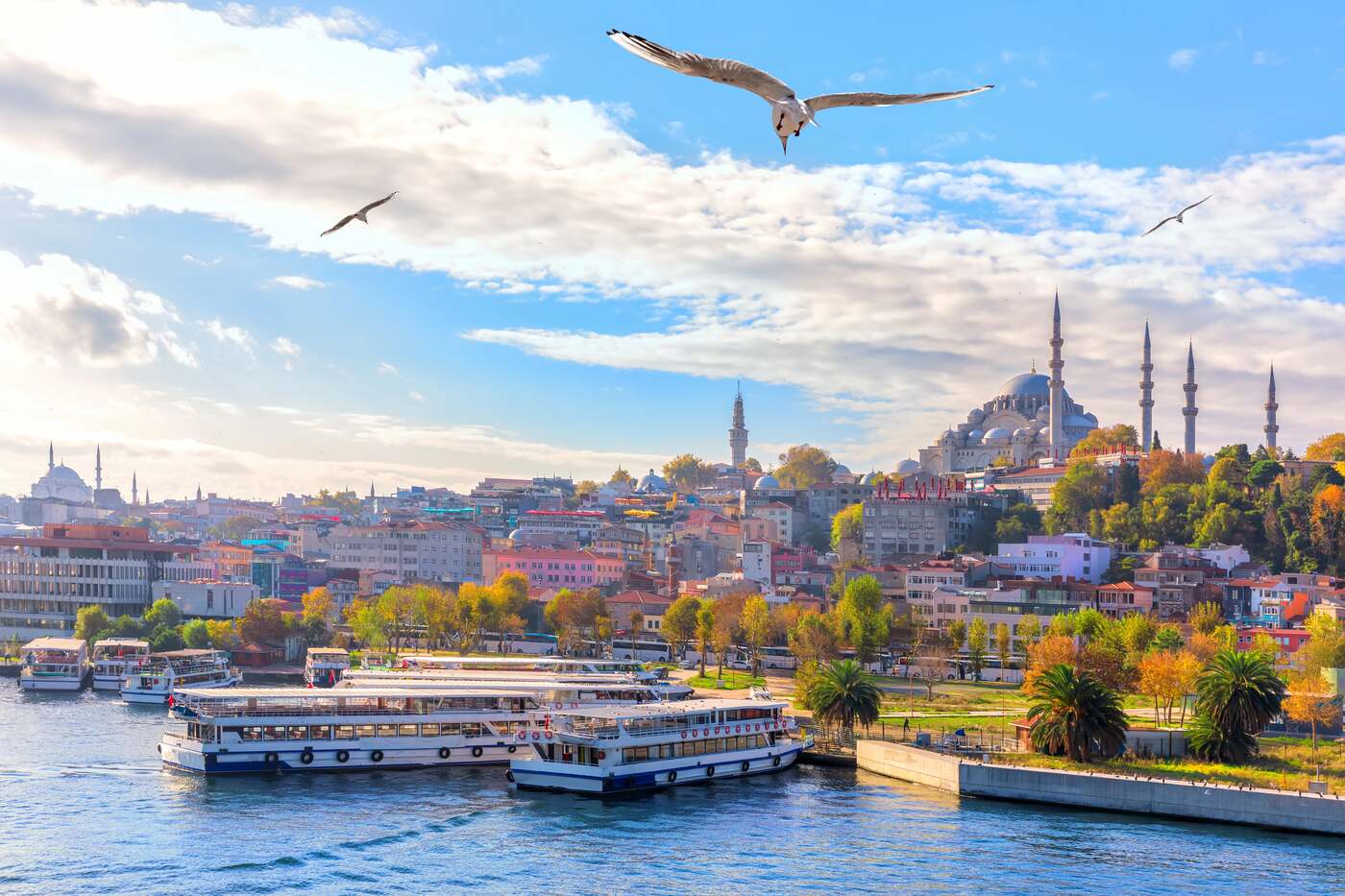 Golden Horn waterfront in Istanbul with the Süleymaniye Mosque at sunset