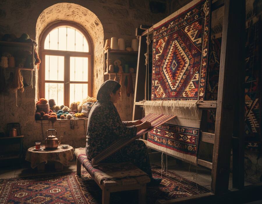 A weaver crafting a traditional Anatolian carpet on a wooden loom