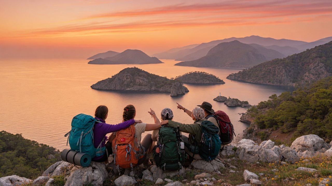 A small group of travelers watching the sunset over the Lycian islands