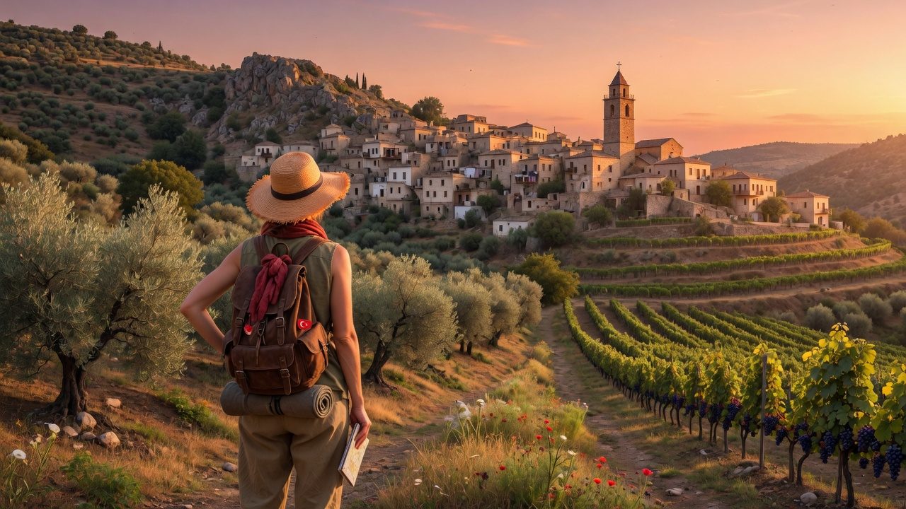 A traveler looking across olive groves and vineyards to a hill village
