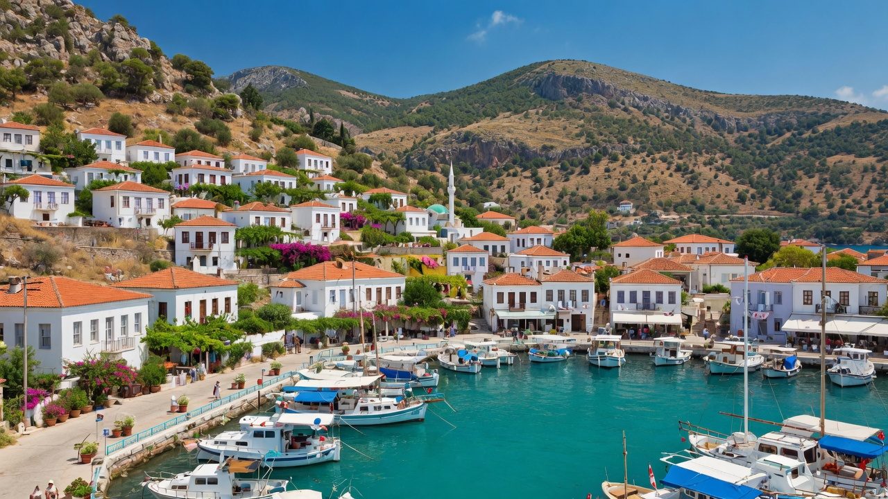 Whitewashed houses above a marina of small sailing boats on the Aegean coast