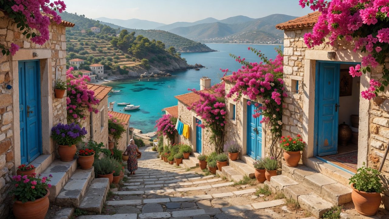 A stepped stone lane with blue doors and bougainvillea above a turquoise bay