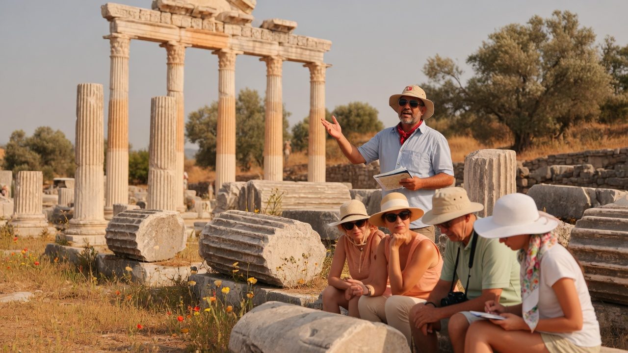 A local guide talking to a small group among ancient temple columns