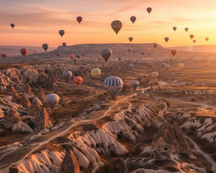 Hot air balloons over the volcanic landscapes of Cappadocia at sunrise