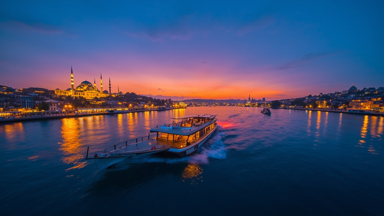A small ferry crossing the Bosphorus at dusk