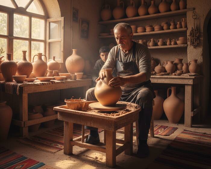 Master potter shaping clay on a wheel in a traditional workshop in Avanos