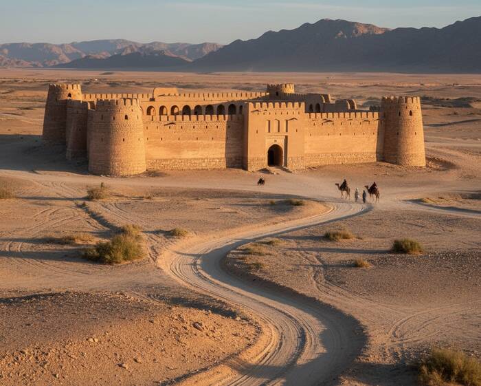 An ancient caravanserai fortress along the historic Silk Road trade routes