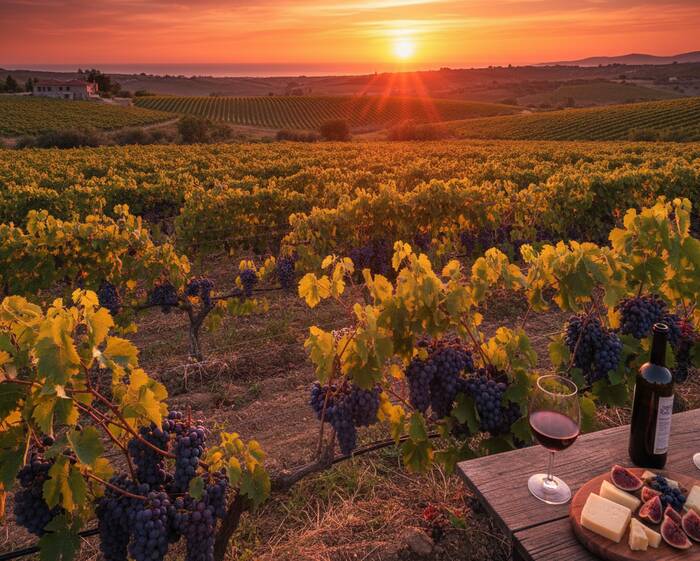 Sunset over a boutique vineyard in Urla with wine and cheese