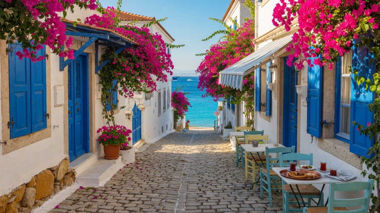 A cobbled Aegean lane with blue shutters and bougainvillea leading to the sea