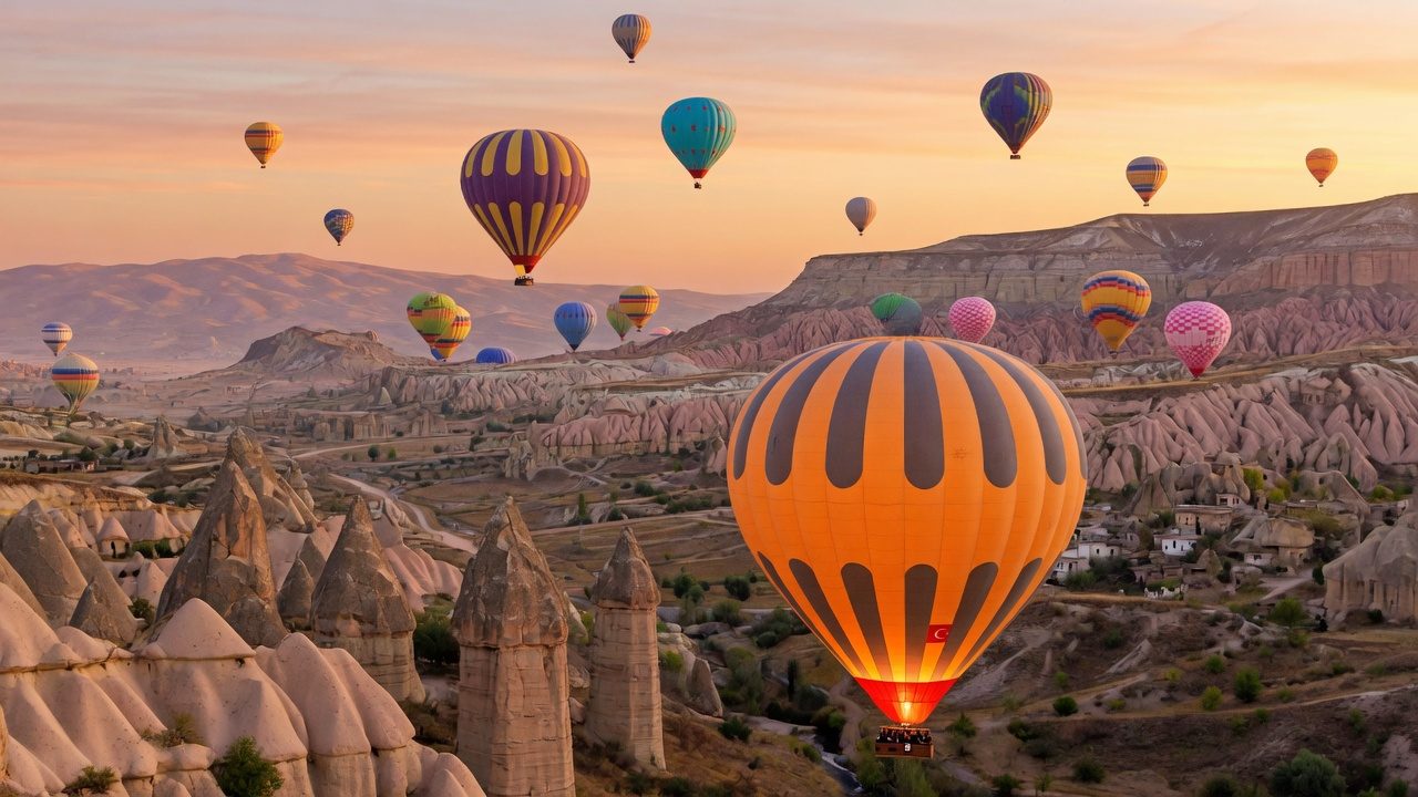 Hot air balloons rising over the valleys of Cappadocia at sunrise