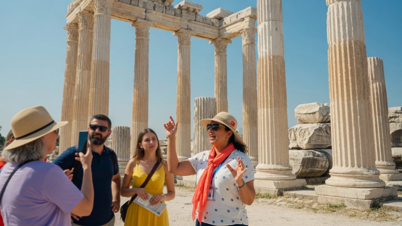 A local guide talking to a small group among the columns of the Temple of Apollo at Didyma