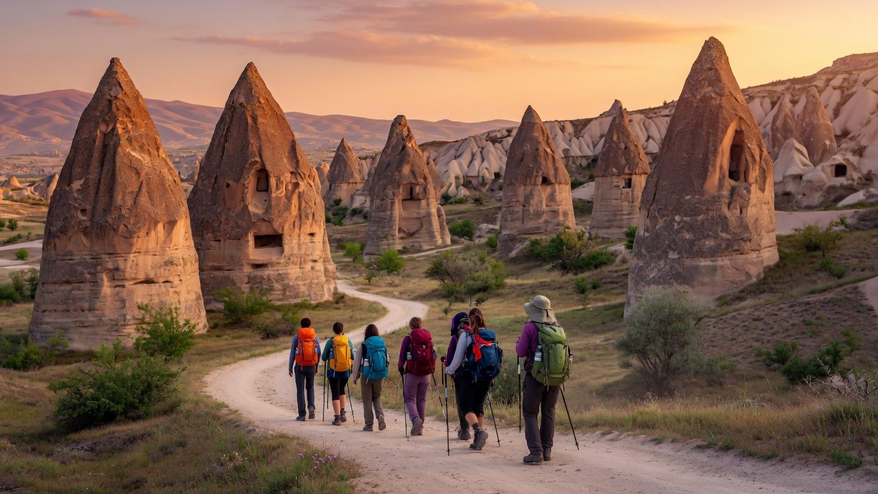A small group of hikers on a trail through the fairy chimneys of Cappadocia