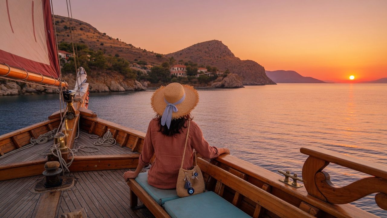 A traveler on the deck of a gulet watching the sunset over the Aegean