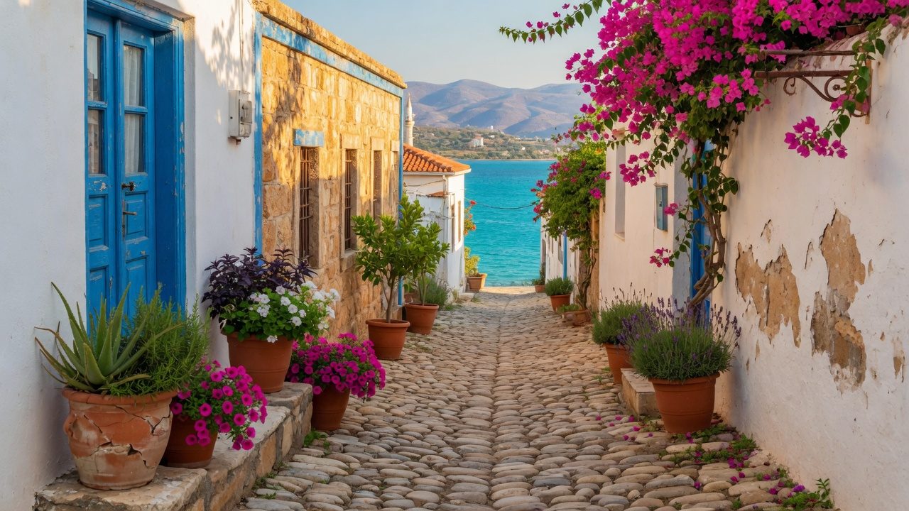 A cobbled Aegean lane with a blue door and bougainvillea leading to the sea