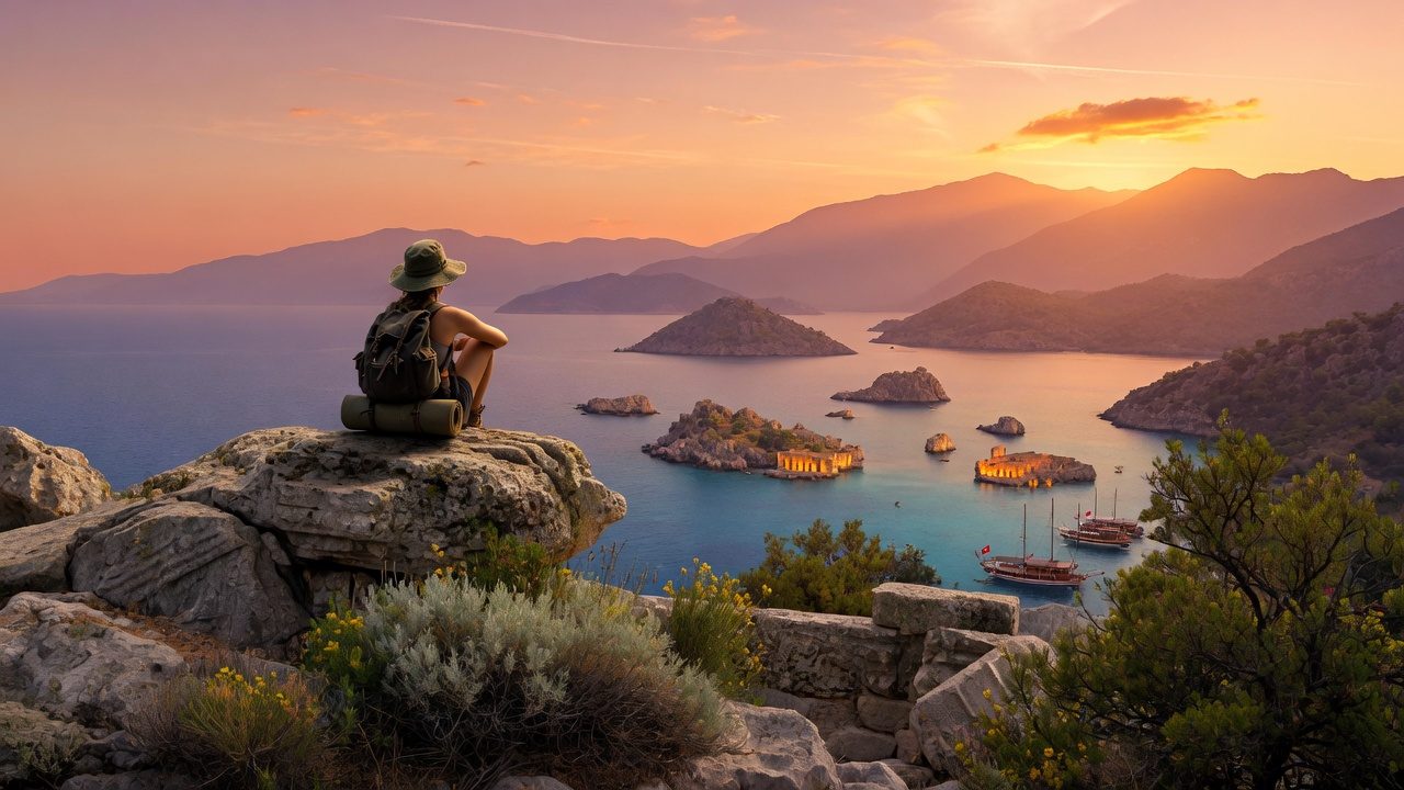 A traveler watching the sunset over the Kekova islands