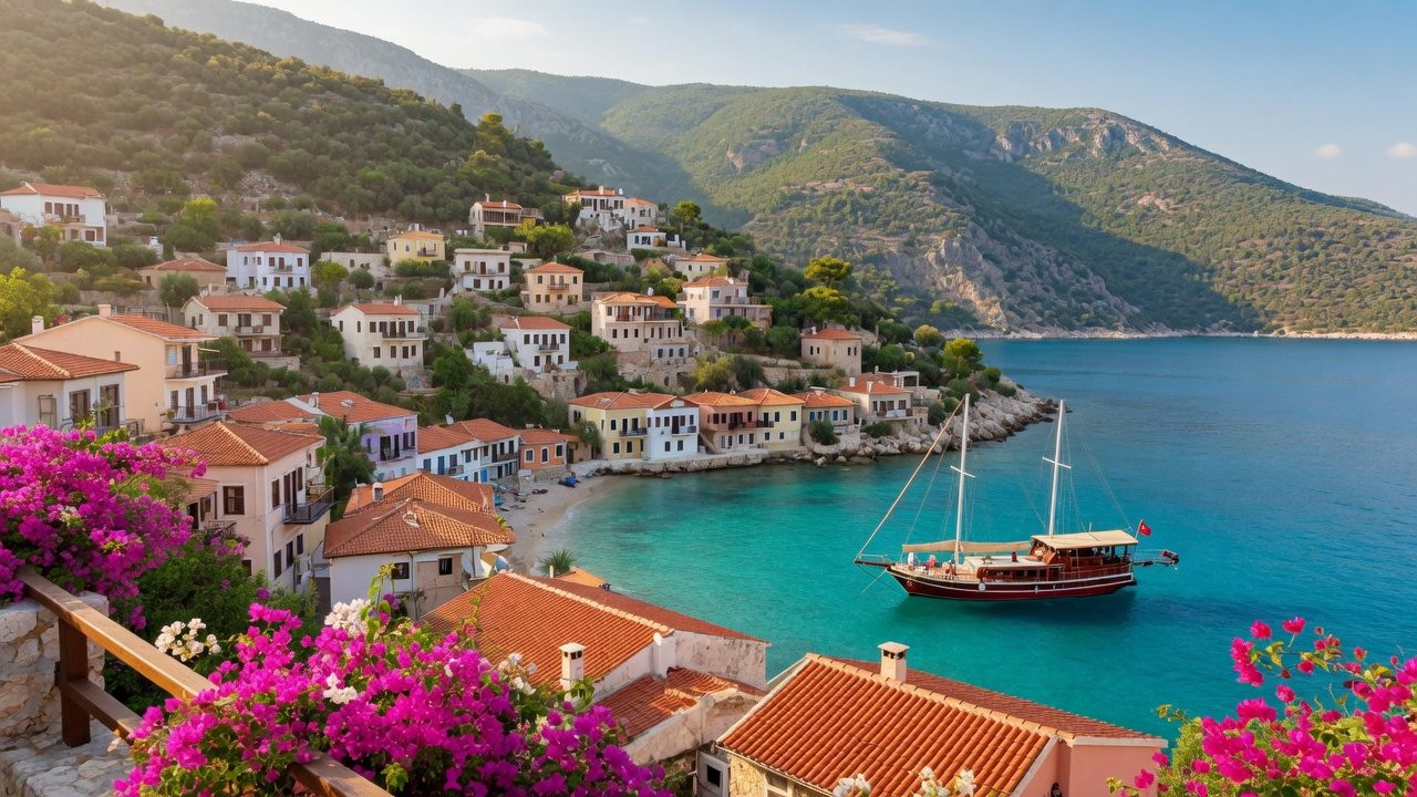 Whitewashed houses and bougainvillea above a turquoise bay on the Lycian coast