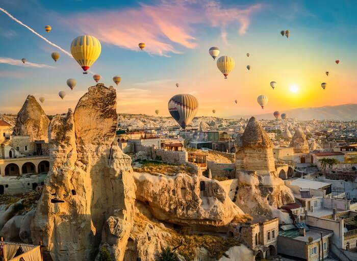 Hot air balloons over Cappadocia's fairy chimneys
